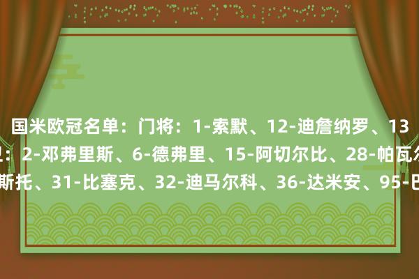 国米欧冠名单：门将：1-索默、12-迪詹纳罗、13-何塞普-马丁内斯后卫：2-邓弗里斯、6-德弗里、15-阿切尔比、28-帕瓦尔、30-卡洛斯-奥古斯托、31-比塞克、32-迪马尔科、36-达米安、95-巴斯托尼中场：7-泽林斯基、16-弗拉西洋、17-布坎南、20-恰尔汗奥卢、21-阿斯拉尼、22-姆希塔良、23-巴雷拉时尚：8-阿瑙托维奇、9-马库斯-图拉姆、10-劳塔罗-马丁内斯、99-塔雷